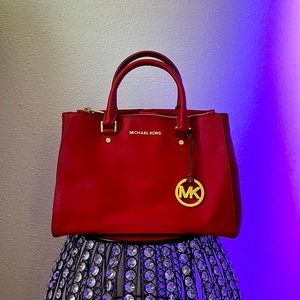 MICHAEL KORS SUTTON RED GLAZED SAFFIANO LEATHER LARGE SATCHEL BAG PURSE